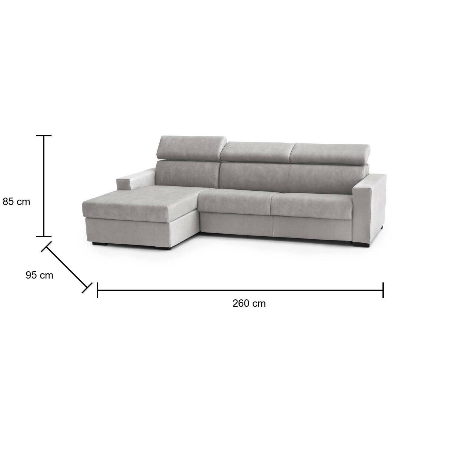 Divano Letto Aleandra, Divano ad angolo, 100% Made in Italy, Sofà con apertura girevole, con Penisola contenitore Sinistra, con Braccioli slim, Cm 260x95h85, Grigio