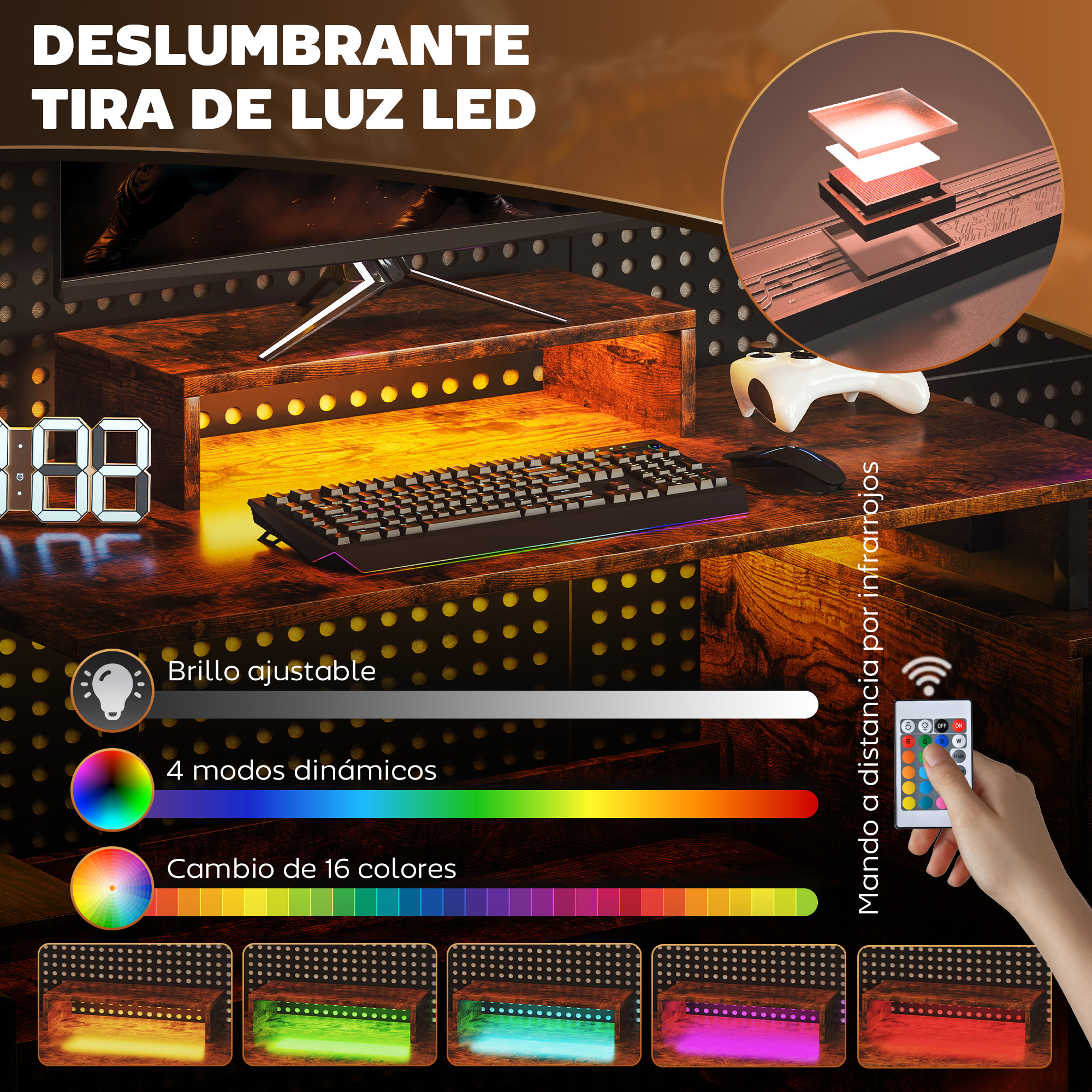 Escritorio Industrial Mesa Escritorio con Luces LED Estación de Carga Soporte para Monitor Control Remoto y Tablero Perforado para Oficina Estudio 142x50x126,5 cm Marrón Rústico