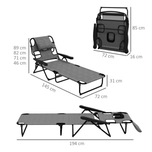 Conjunto de 2 Tumbonas Plegables Tumbonas de Jardín con Respaldo Ajustable en 4 Niveles Orificio de Lectura y Reposacabezas para Terraza Piscina 194x72x31 cm Gris