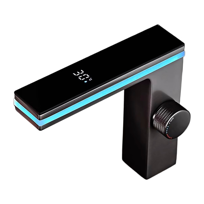 Grifo moderno para lavabo con pantalla LED, luz ambiental de 270º, funcionamiento hidroeléctrico e indicador de temperatura.