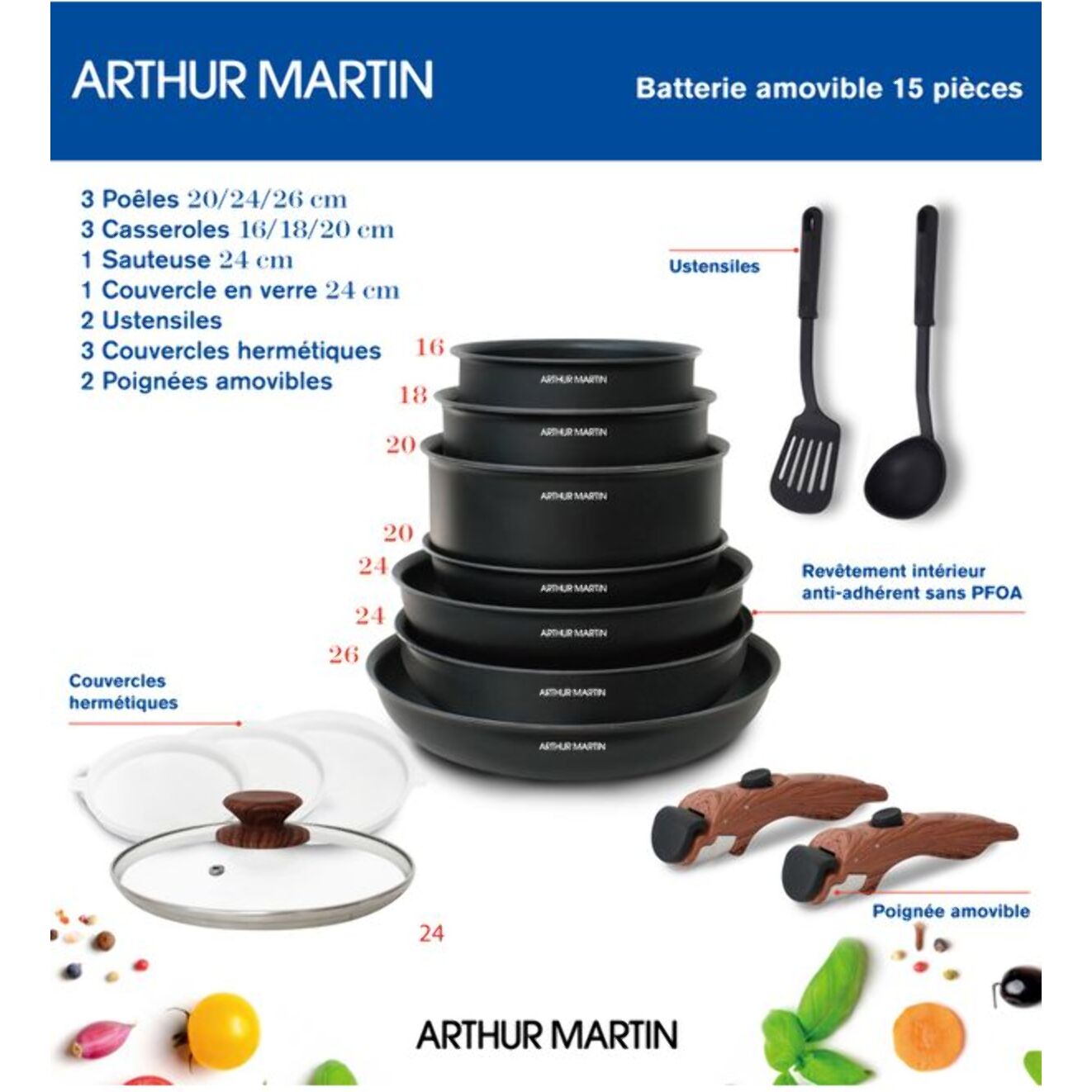 Batterie aluminium 15pcs poignées amovibles effet bois