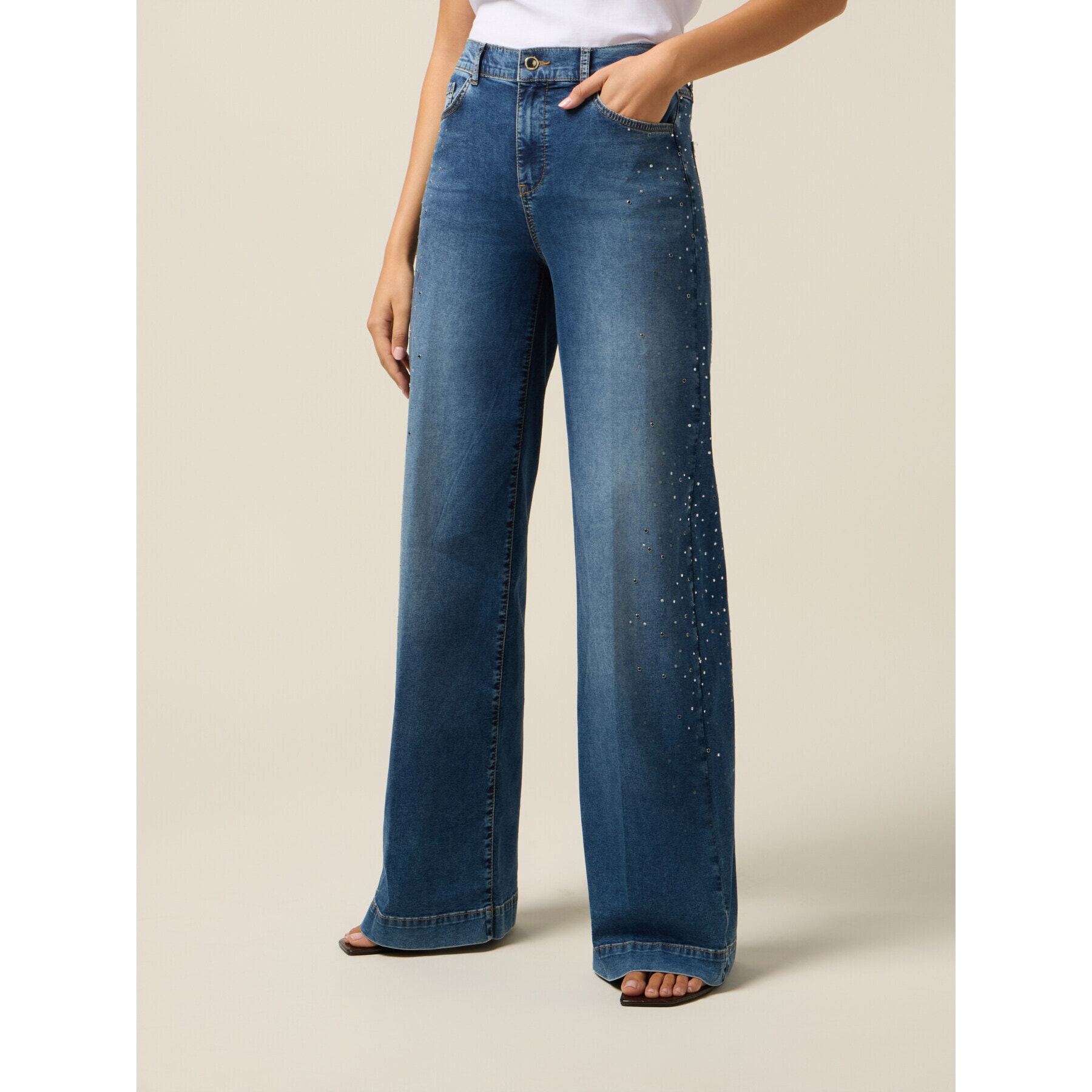 Oltre - Jeans a palazzo con cristalli - Blu