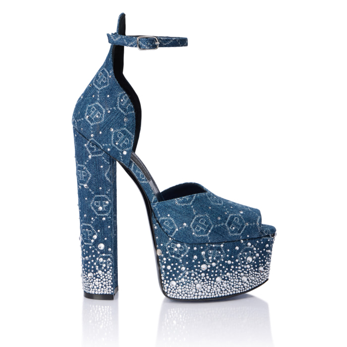 PHILIPP PLEIN Denim High Heels Platforms Monogram Strass