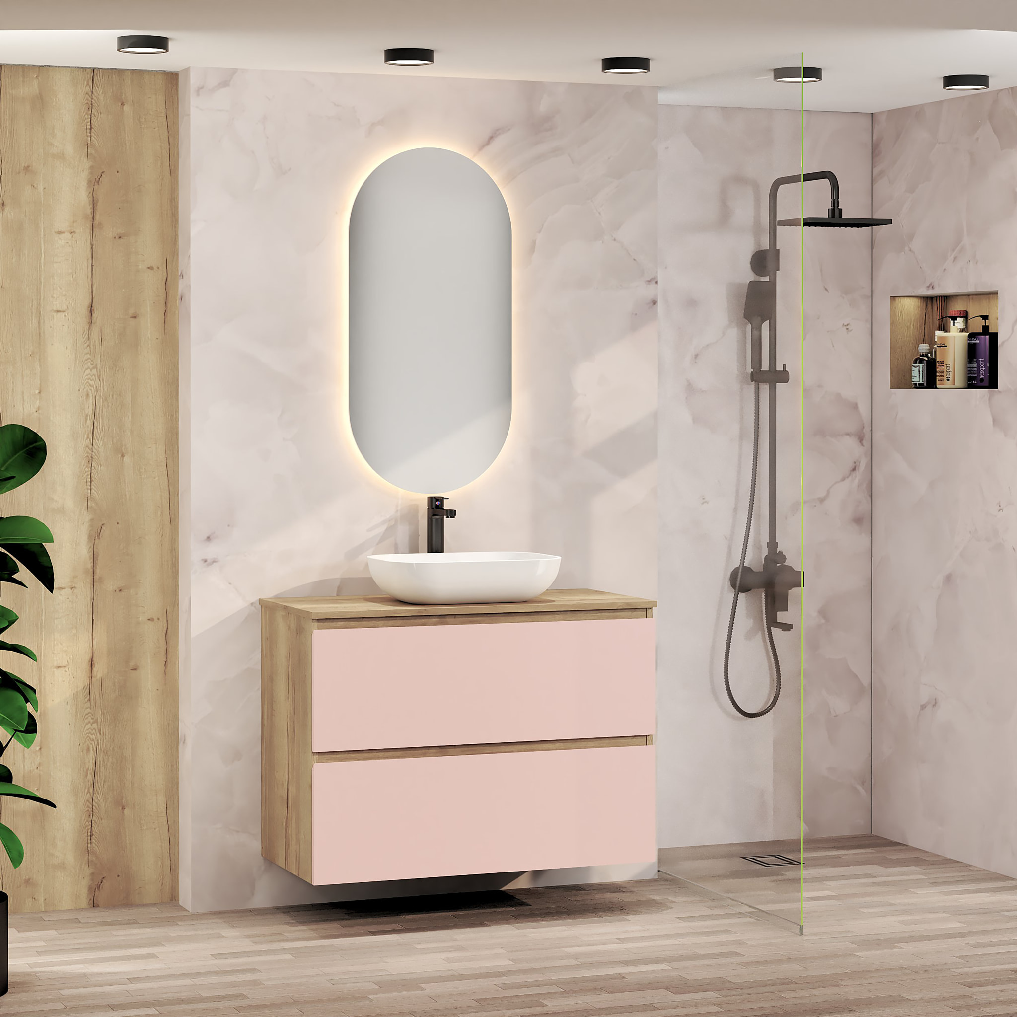 Conjunto de Baño Nia | Mueble Suspendido | 90 cm Rosa | Dos Cajones | Lavabo Sobrepuesto | No incluye Espejo | Mueble Montado| Alday
