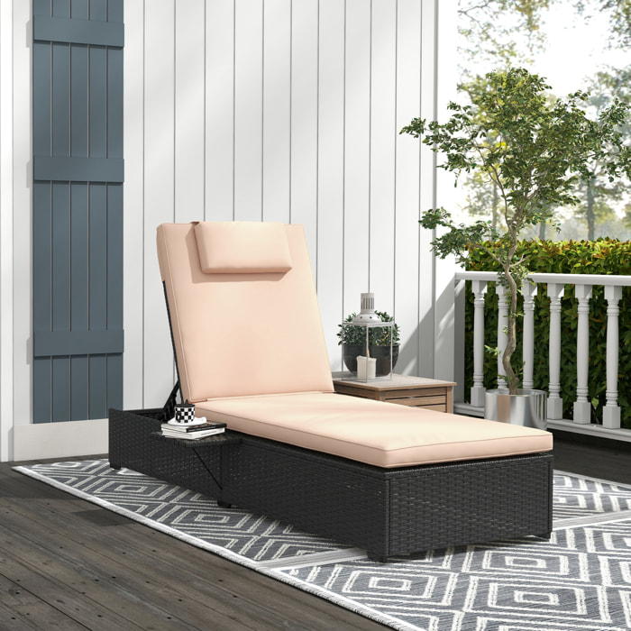 Tumbona de Ratán Reclinable Tumbona para Jardín con Respaldo Ajustable en 5 Niveles Mesita y Cojín Carga 120 kg para Patio Terraza Negro y Beige