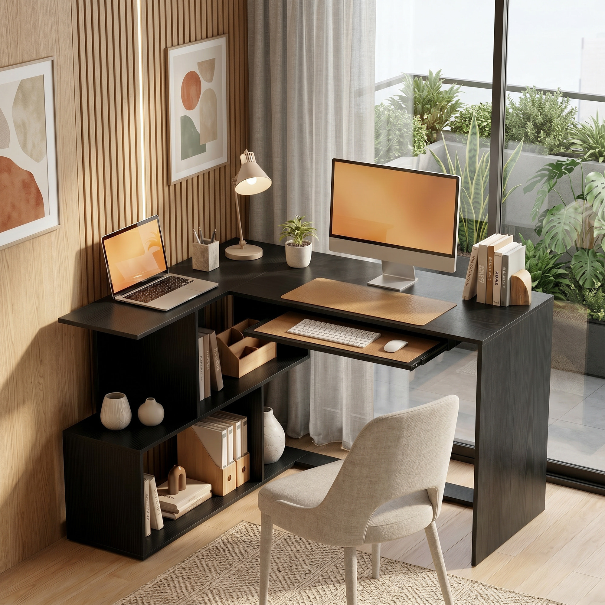 Bureau informatique - bureau d'angle 120 x 100 cm - tablette coulissante clavier, 4 niches - effet bois noir