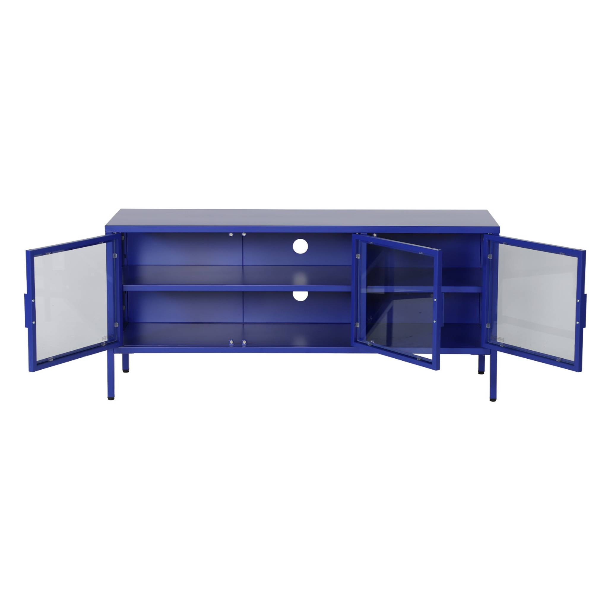 Meuble TV industriel métal et verre trempé 3 portes 120cm bleu - Arkansas