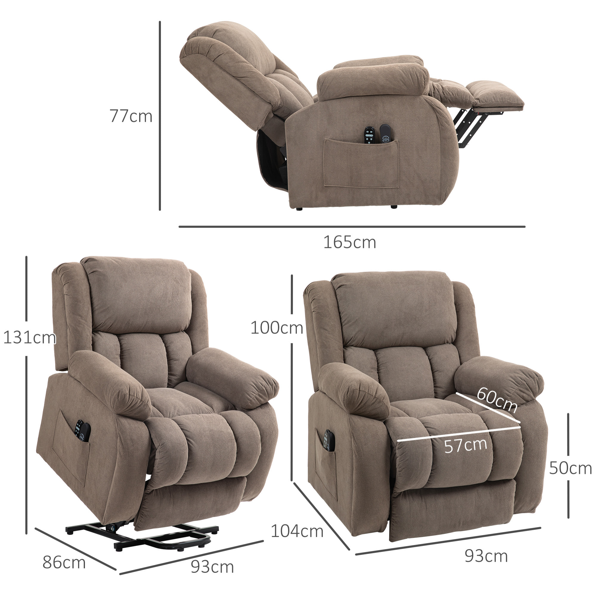 Fauteuil releveur massant chauffant grand confort - inclinable, repose-pieds rétractable - tissu toucher flanelle marron