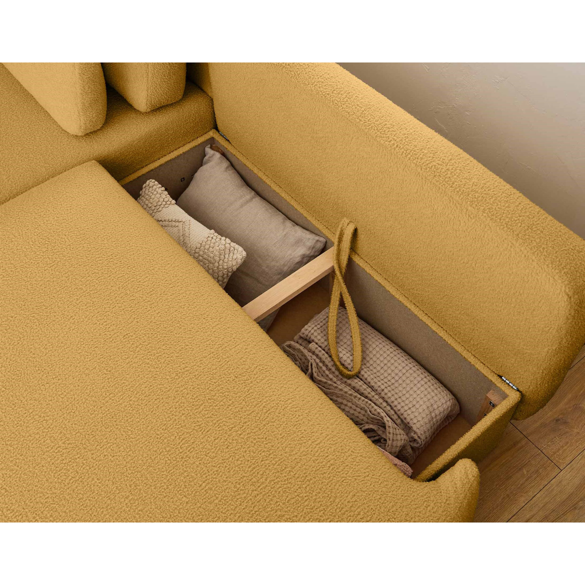 Mahina - canapé d'angle gauche - 4 places - convertible avec coffre - en tissu bouclette - Jaune