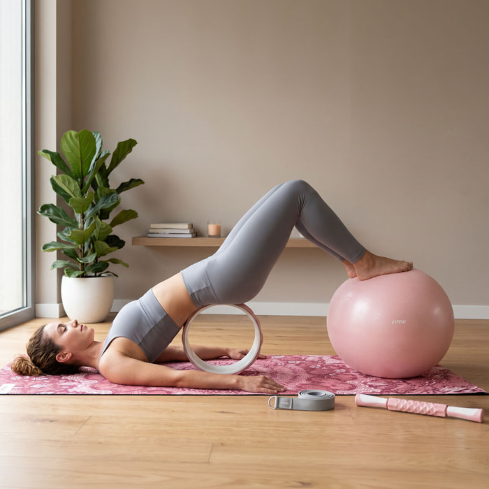 Kit de yoga et Pilates ROSE 6 accessoires avec tapis, ballon, roue, masseurs et sangle