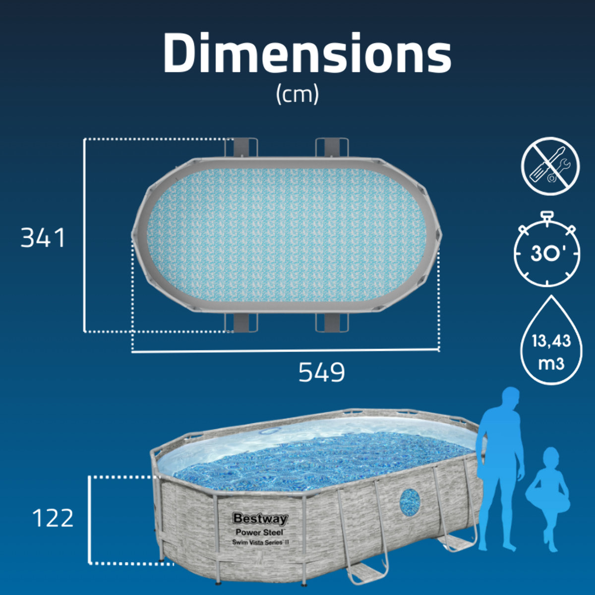 Bestway Piscine hors sol - Ovale - Power Steel Swim Vista - Décor pierres - 488 x 305 x 107 cm