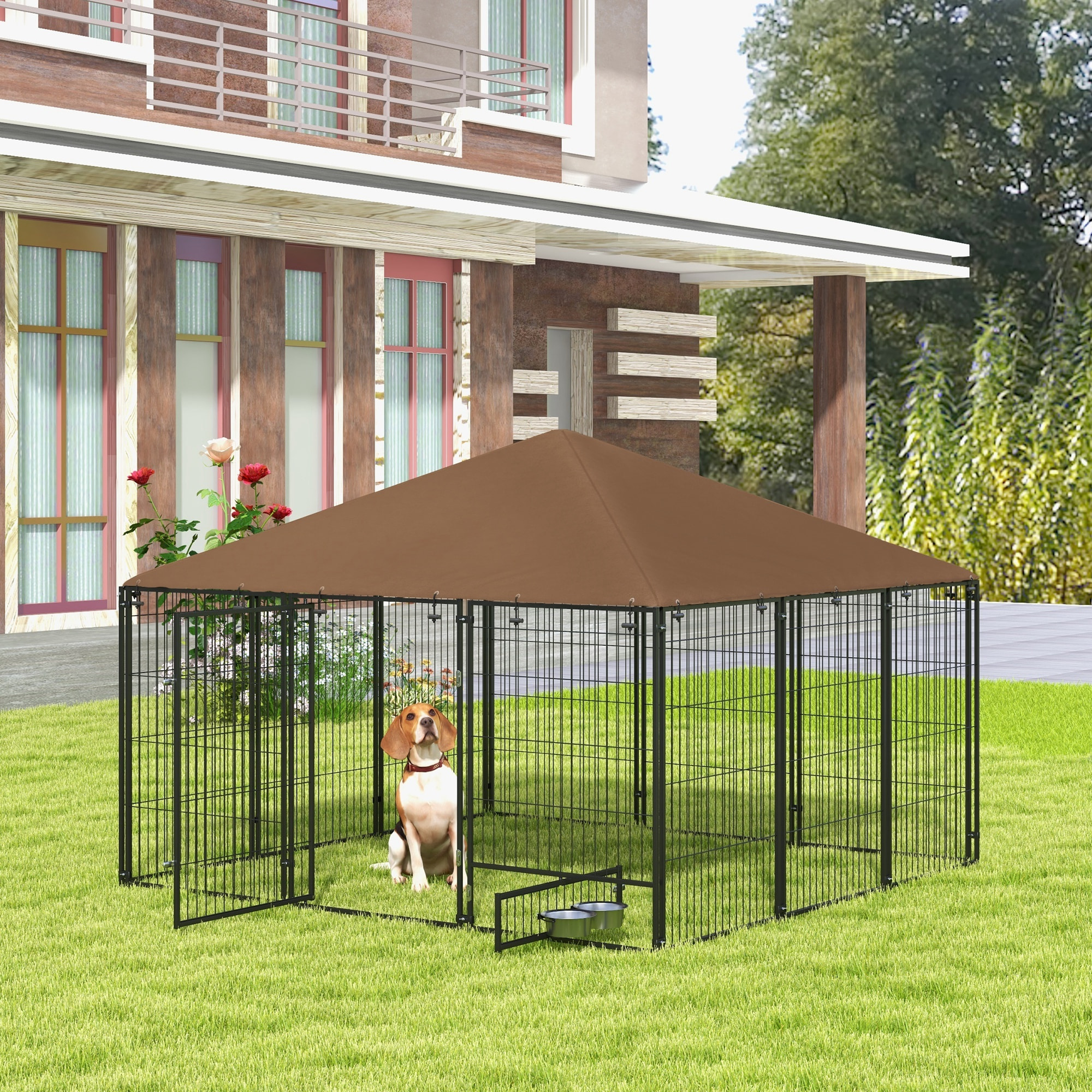 Perrera con Toldo Parque para Perros Metálica de Exterior con Soporte Giratorio para Comida 2 Cuencos para Patio Jardín Terraza 211x211x151 cm Negro