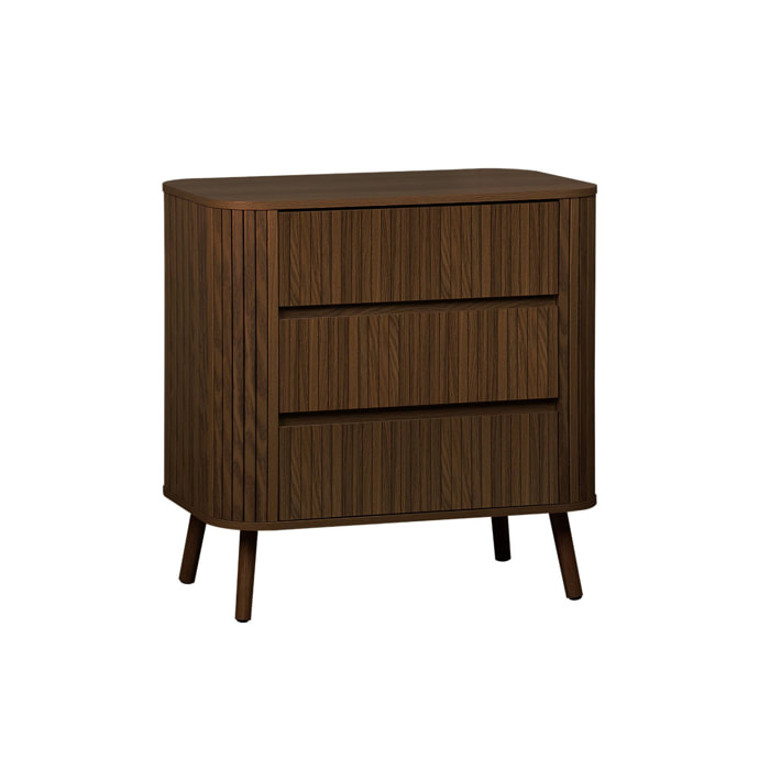Commode 3 tiroirs. décor strié noyer. L 80x P 45  H 80cm