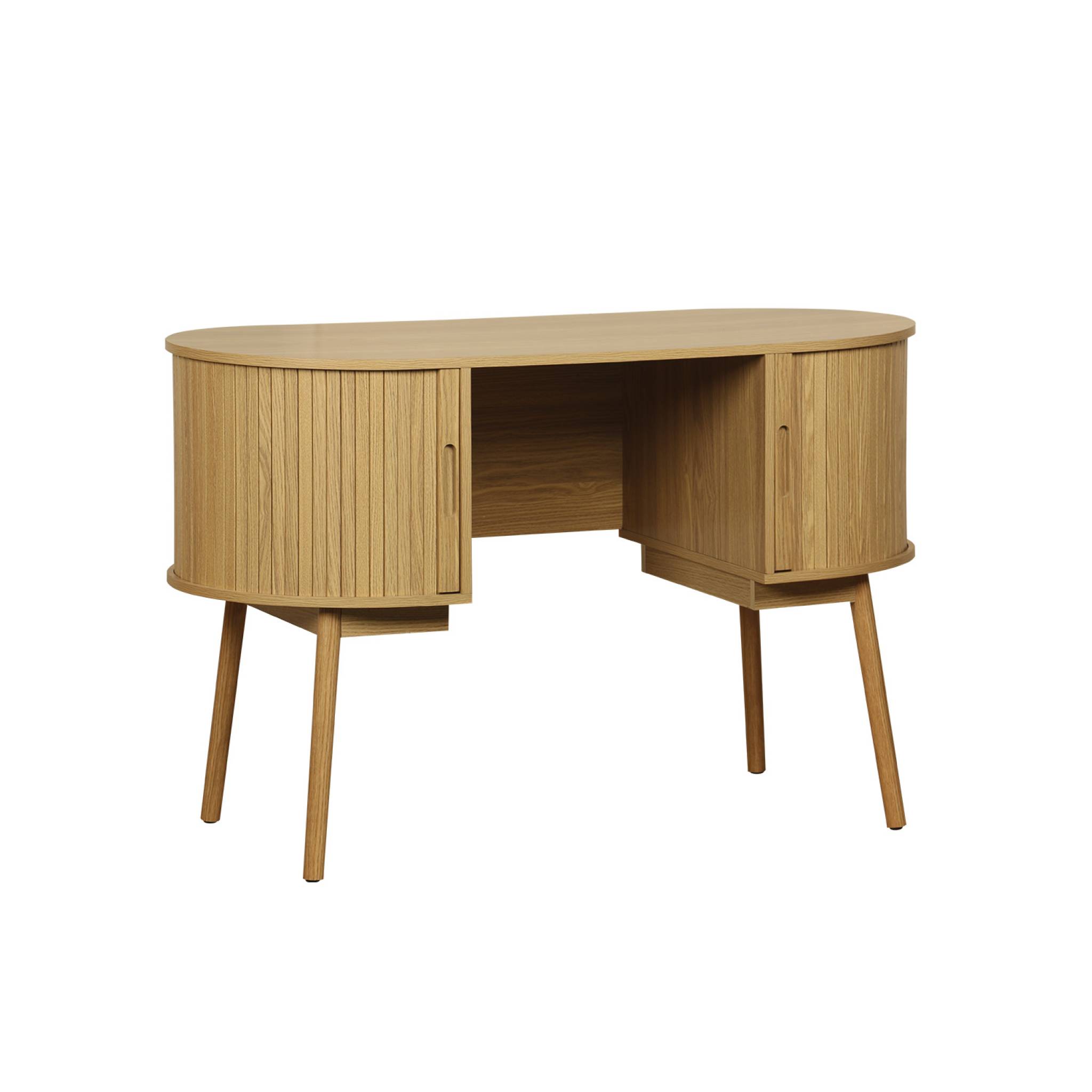 Bureau ovale effet bois rainuré avec deux espaces de rangement. L 120 x P 55 x H 77 cm