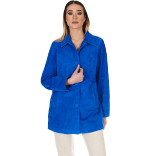 Giacca in pelle camoscio bluette monopetto versione oversize