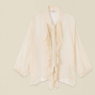 Oltre - Camicia in voile misto seta con volant - Bianco