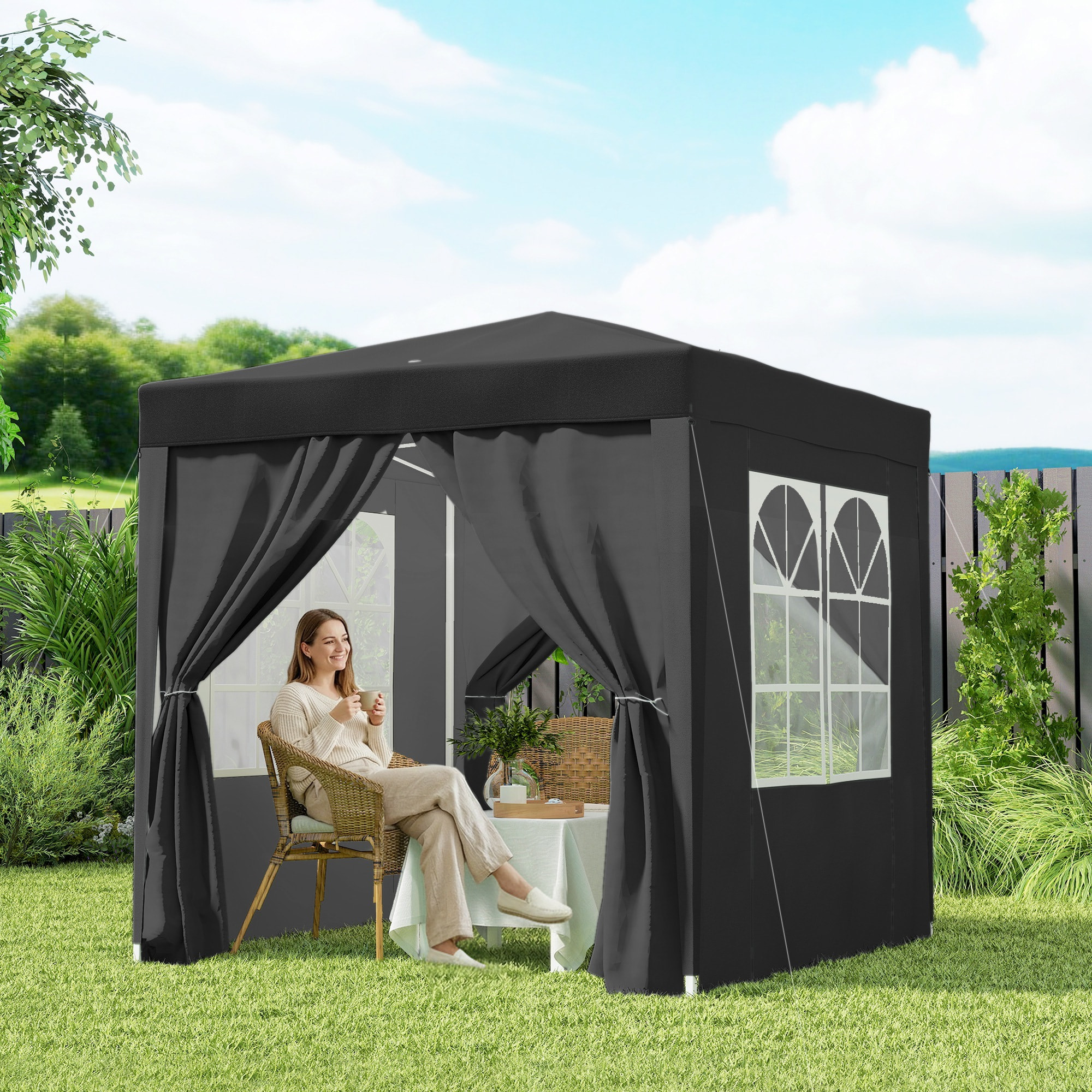 Tonnelle de jardin tente pliante barnum pop-up 2 x 2 m 4 parois latérales amovibles 2 fenêtres sac de transport noir