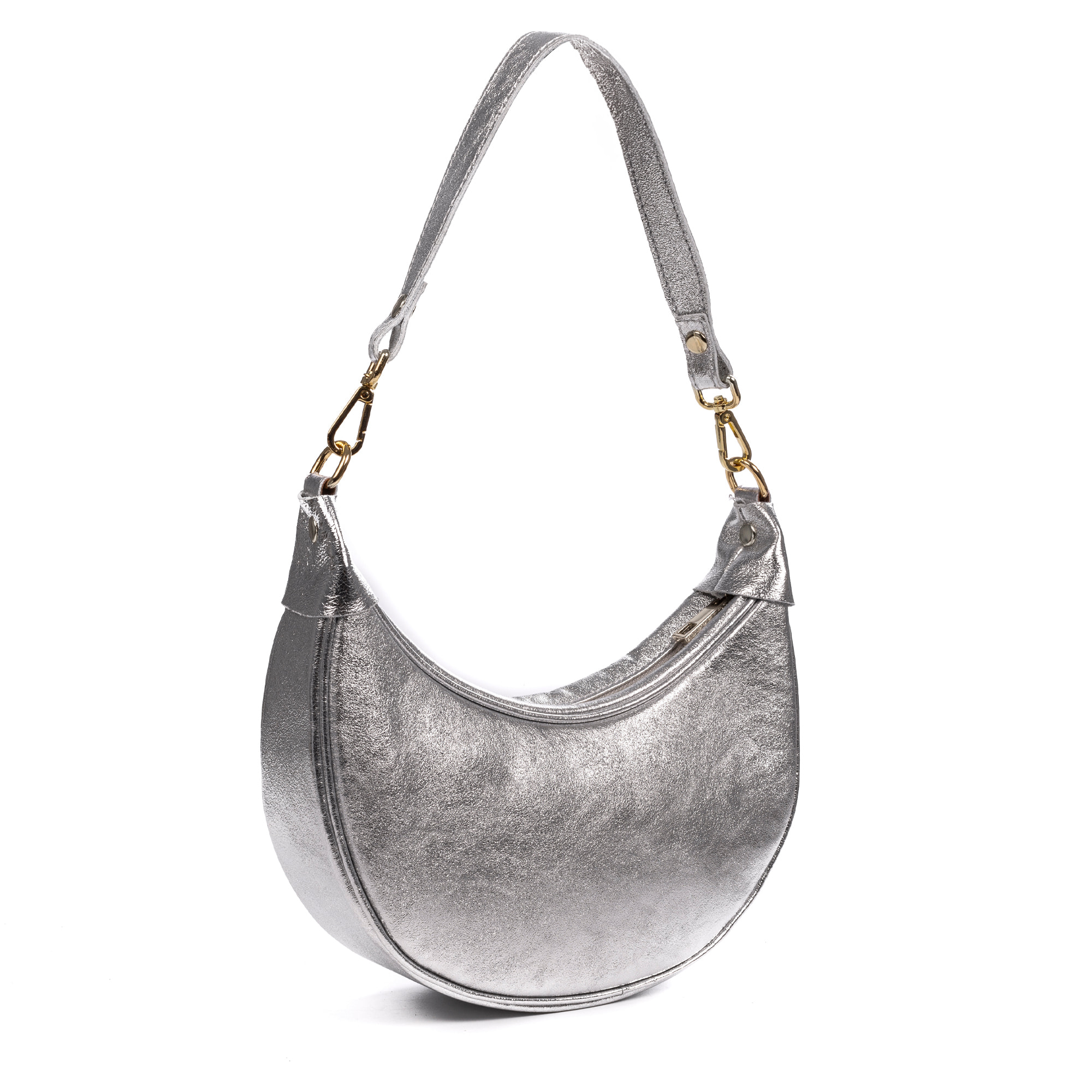 Asís borsa a tracolla e a mano, in pelle autentica con finitura in suede laminato, con design a mezzaluna.