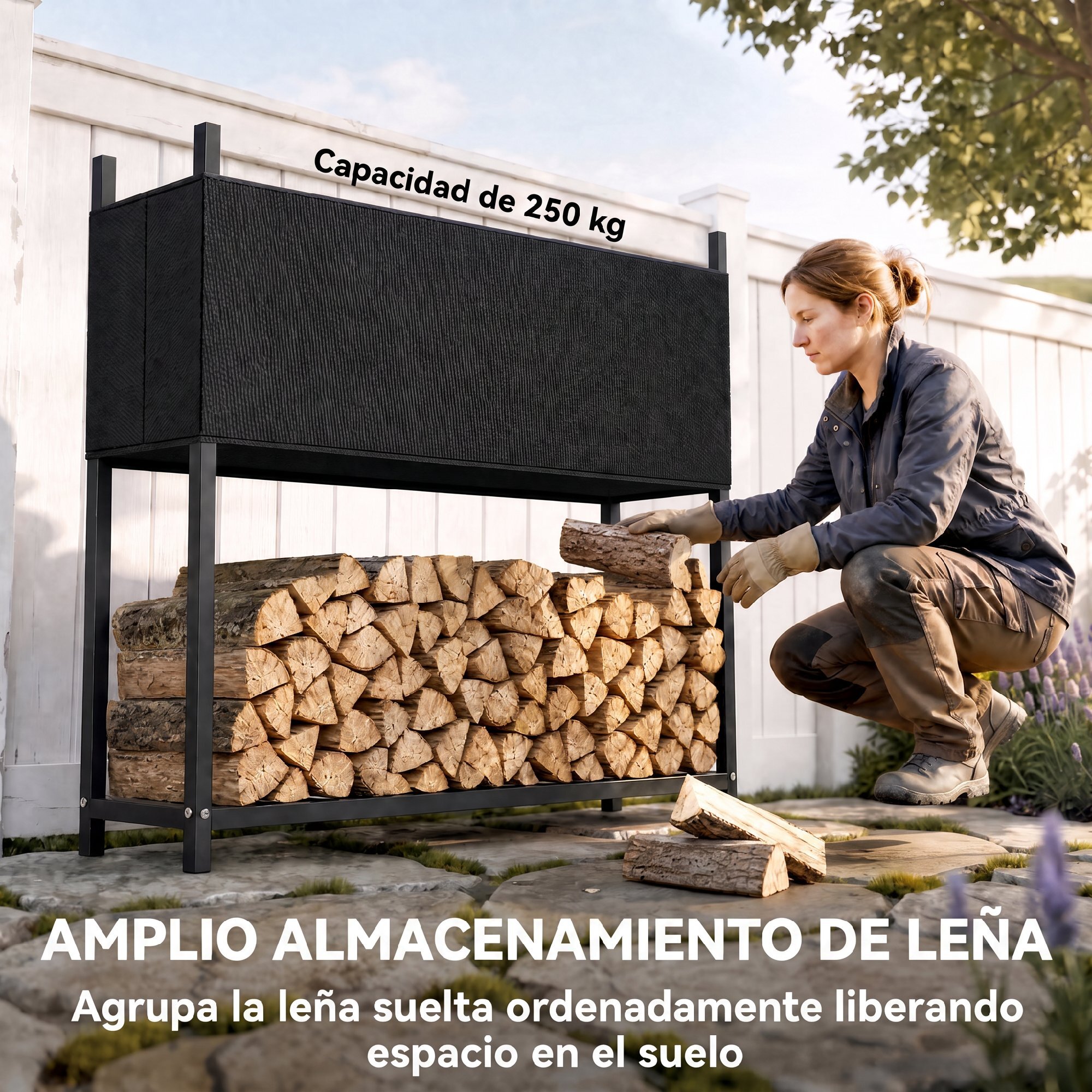 Outsunny Estante de Leña con Funda Oxford 600D, Leñero Exterior de Acero Galvanizado Robusto, Carga 250 kg, para Interior y Exterior, Jardín, Terraza, 106x25x113 cm, Negro
