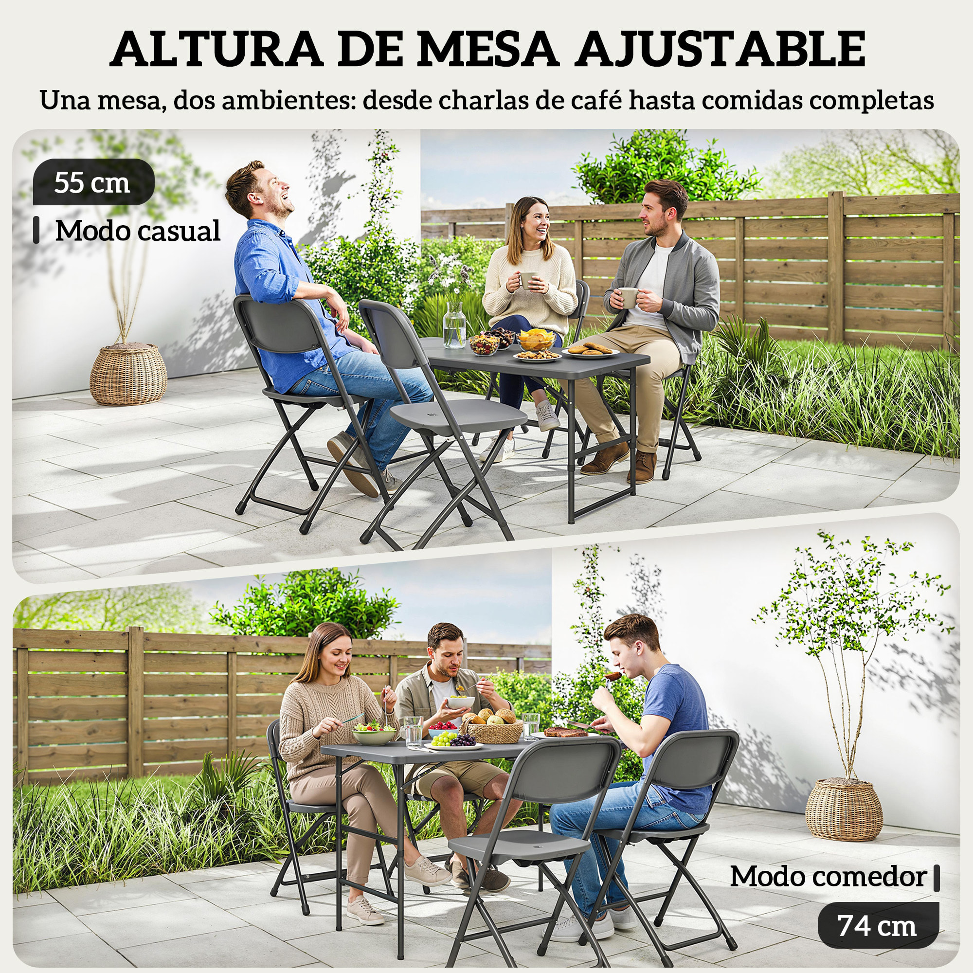 Conjunto de Mesa y Sillas Jardín de 5 Piezas, Muebles de Jardín Exterior con Mesa Plegable Ajustable de 55 a 74 cm, 4 Sillas Plegables y Encimera de HDPE, para Terraza Patio, Gris Oscuro