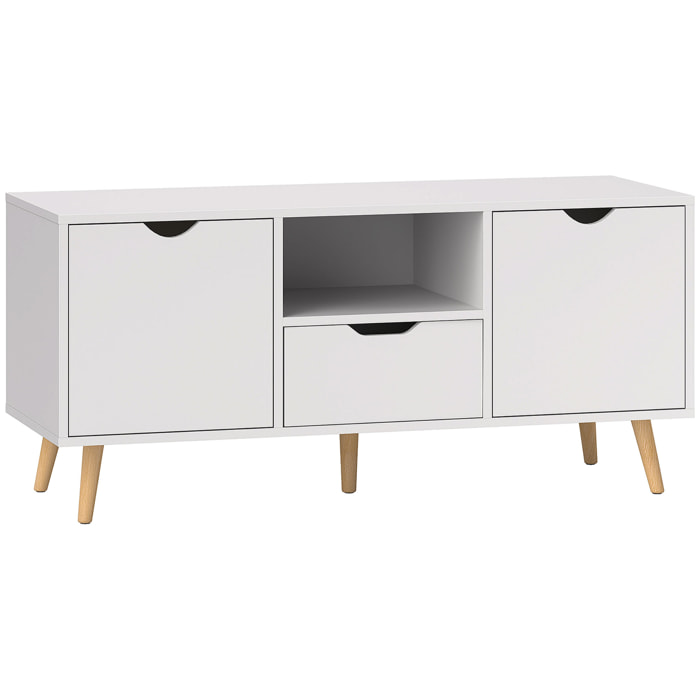 Meuble TV banc TV style scandinave 2 portes tiroir niche piètement bois de pin panneaux blanc