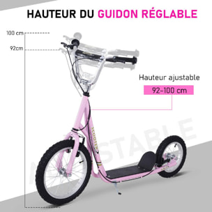 Trottinette patinette pour enfants à partir de 5 ans grands pneus guidon réglable poignée frein et béquille acier rose