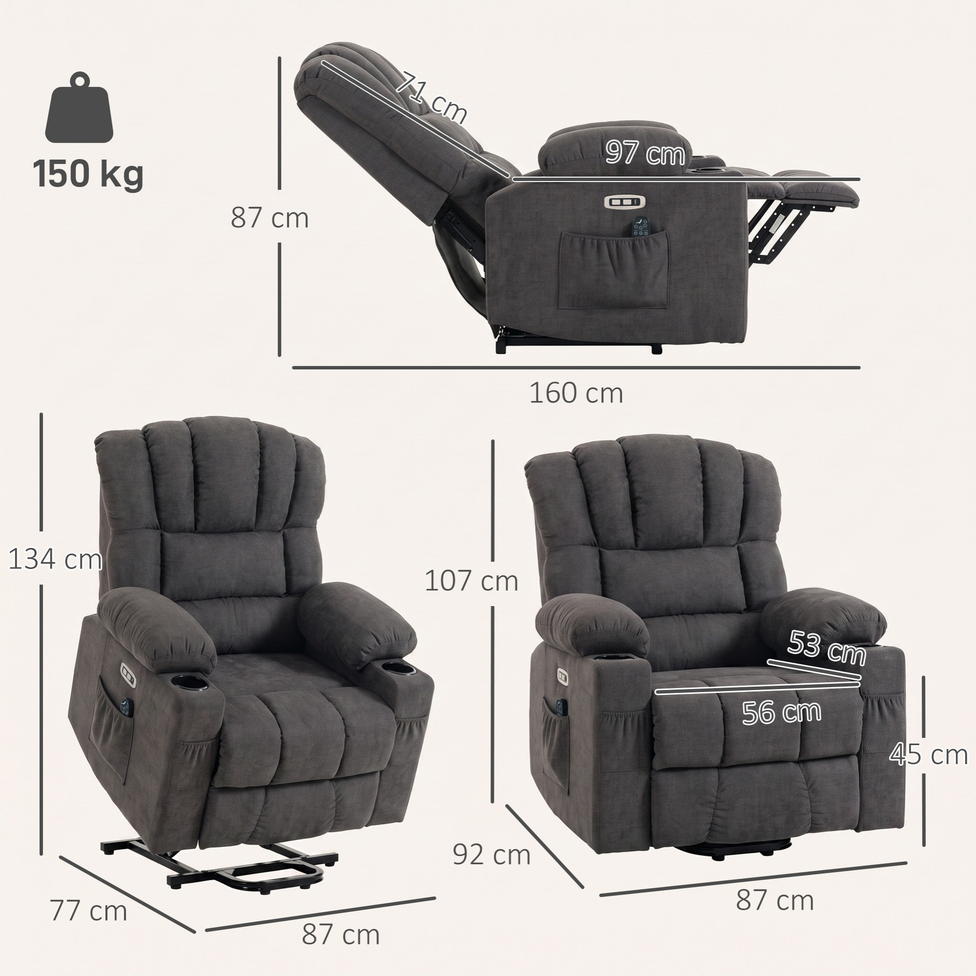 Sillón Relax Reclinable Eléctrico Levanta Personas Mayores con 8 Puntos Masaje Vibratorio y Calor, Sillón Elevador, Asiento Ancho, USB-C, USB-A, Bolsillos, Portavasos, Reposapiés, de Rizo Negro