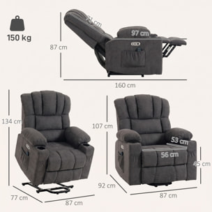 Sillón Relax Reclinable Eléctrico Levanta Personas Mayores con 8 Puntos Masaje Vibratorio y Calor, Sillón Elevador, Asiento Ancho, USB-C, USB-A, Bolsillos, Portavasos, Reposapiés, de Rizo Negro