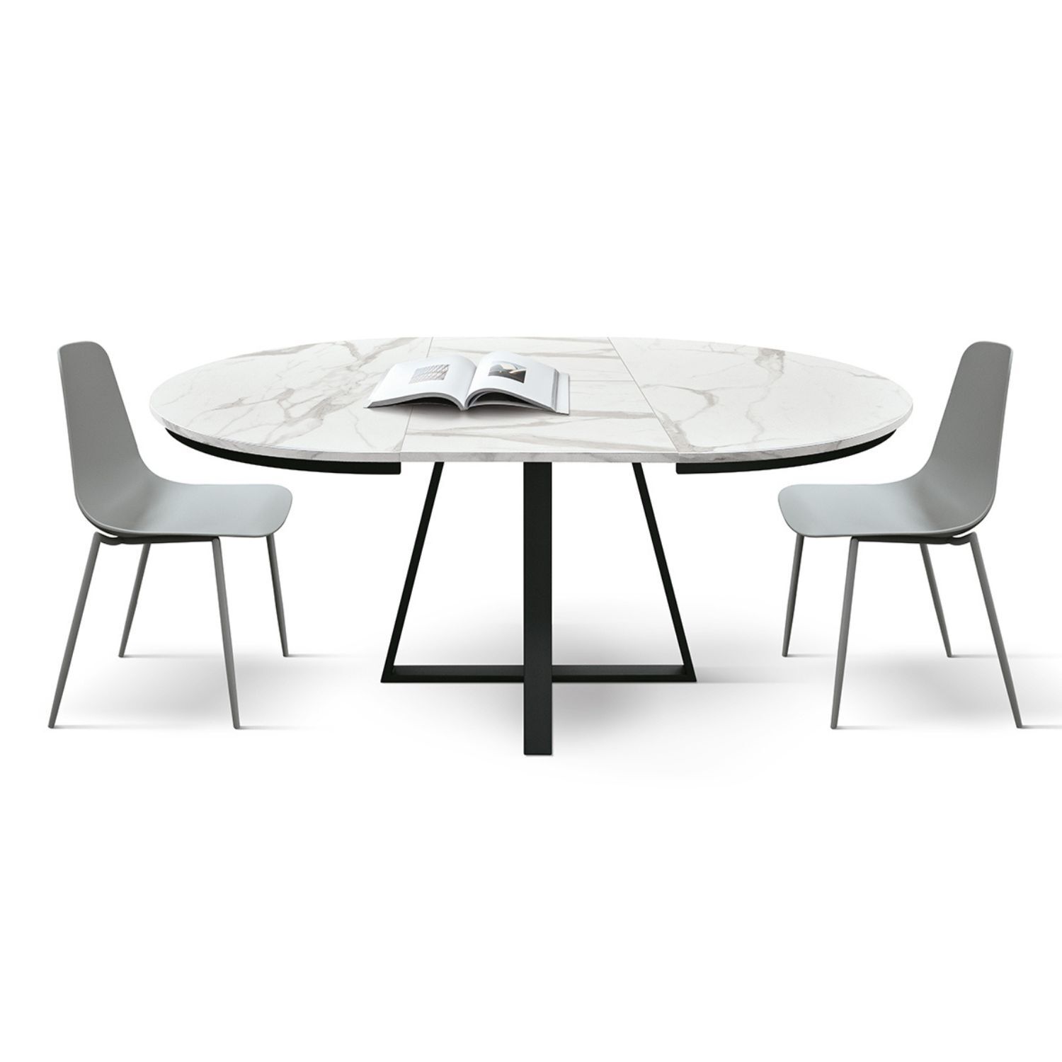 Tavolo rotondo PANTELLERIA in legno, finitura bianco statuario e gambe in metallo nero, allungabile Ø120xH75,3 cm - 170x120x75,3 cm