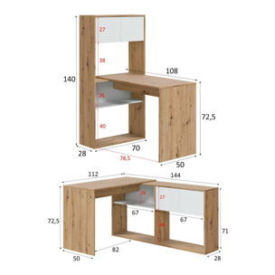 Scrivania Riverside, Scrittoio multifunzione reversibile ad angolo con libreria, Tavolo da studio o ufficio multiposizione, 108x70h140 cm, Bianco e Rovere nodi