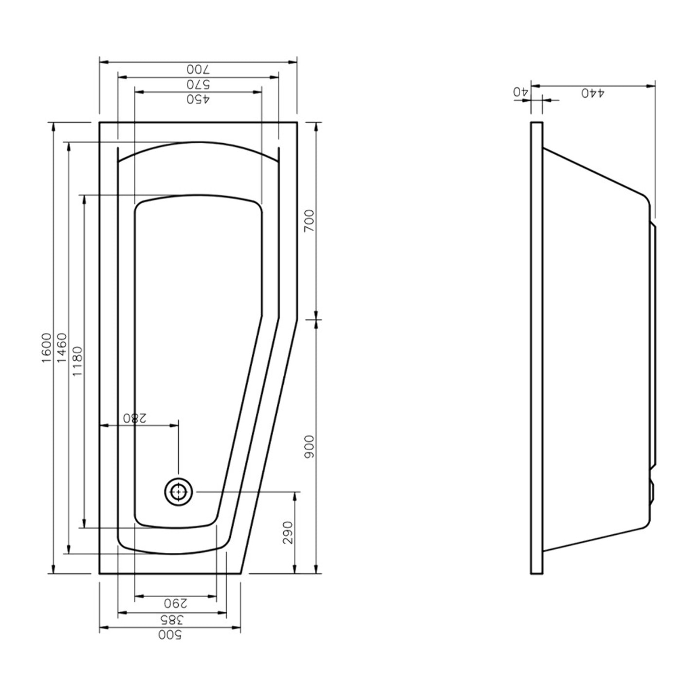160x70 cm Aneta baignoire bain douche asymétrique en acrylique positionnement droite, sans pieds, blanc (AN1600PPLUS)