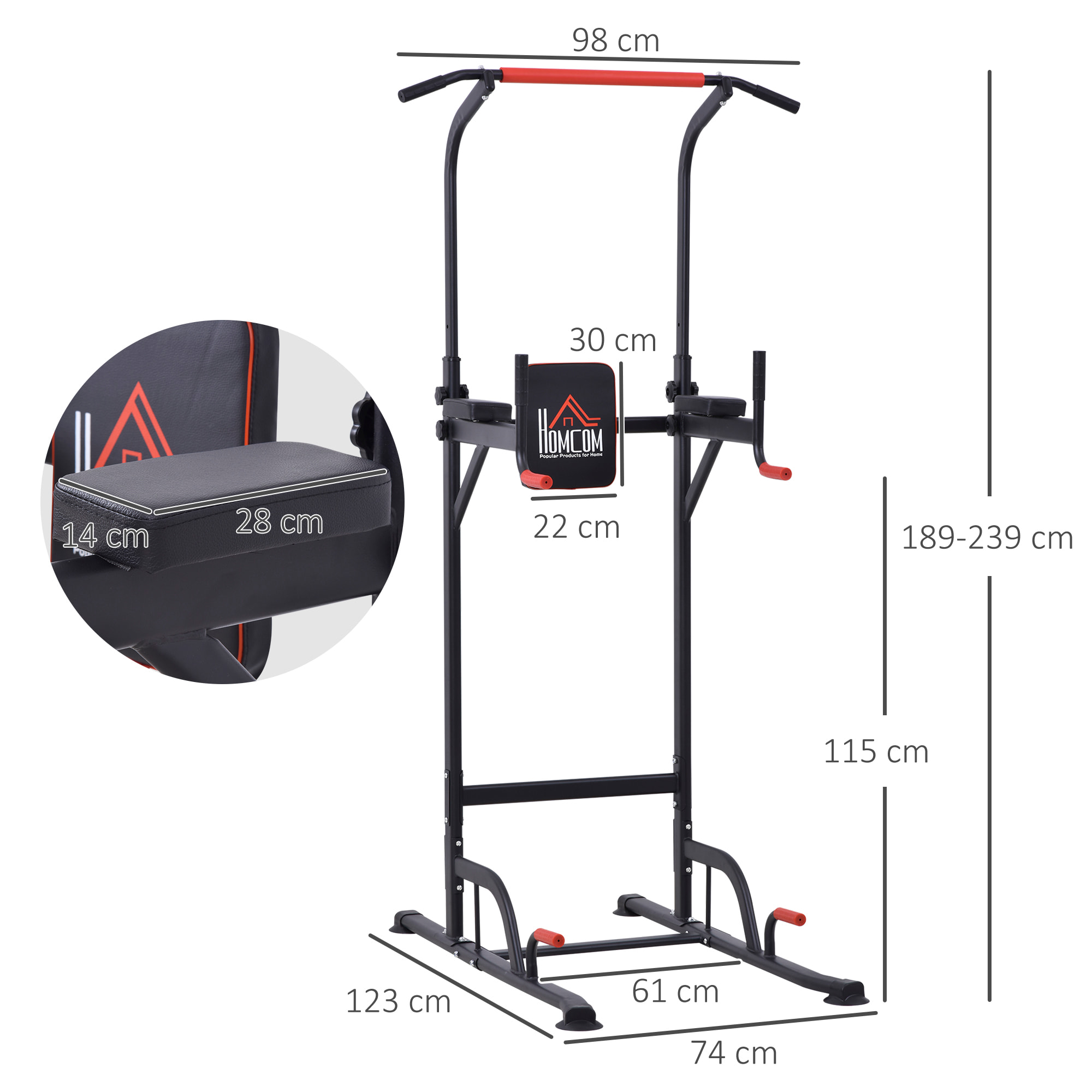 Torre de Ejercicios Estación Multifuncional Altura Ajustable con 7 Orificios para Entrenamiento Fitness Casa Gimnasio Oficina Carga Máx. 120 kg 123x98x189-239 cm Negro y Rojo