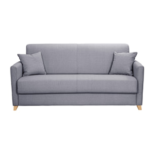 Canapé convertible 3 places en tissu gris clair et bois clair avec matelas 13 cm SKANDY