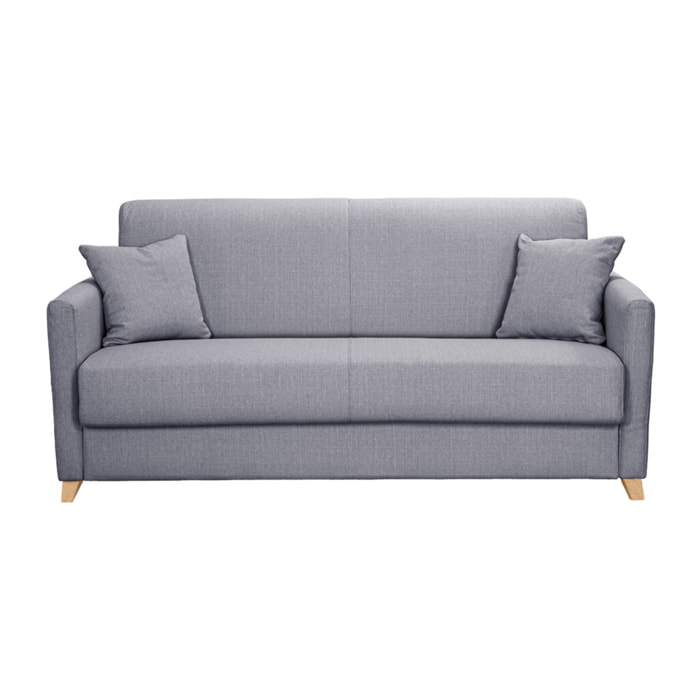 Canapé convertible 3 places en tissu gris clair et bois clair avec matelas 13 cm SKANDY