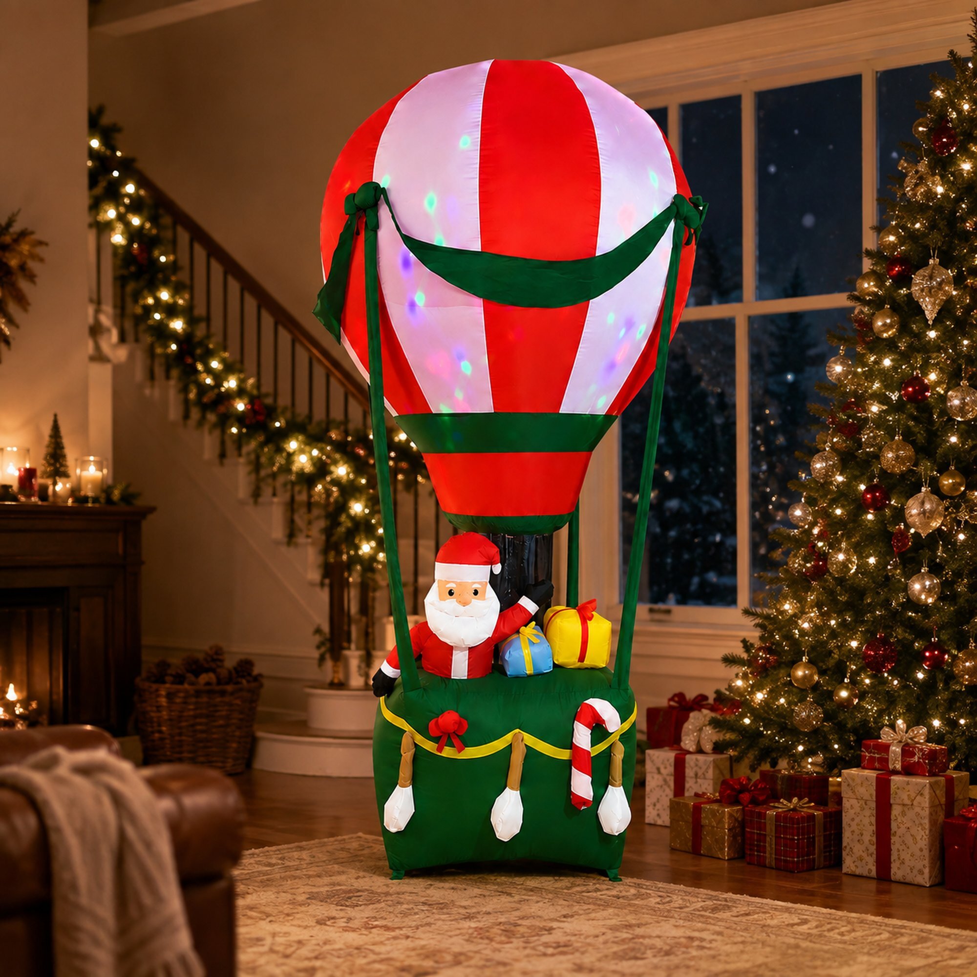 Globo aerostático hinchable navideño con papá noel, 110x110x210 cm, luces led integradas, decoración para exterior e interior con adaptador