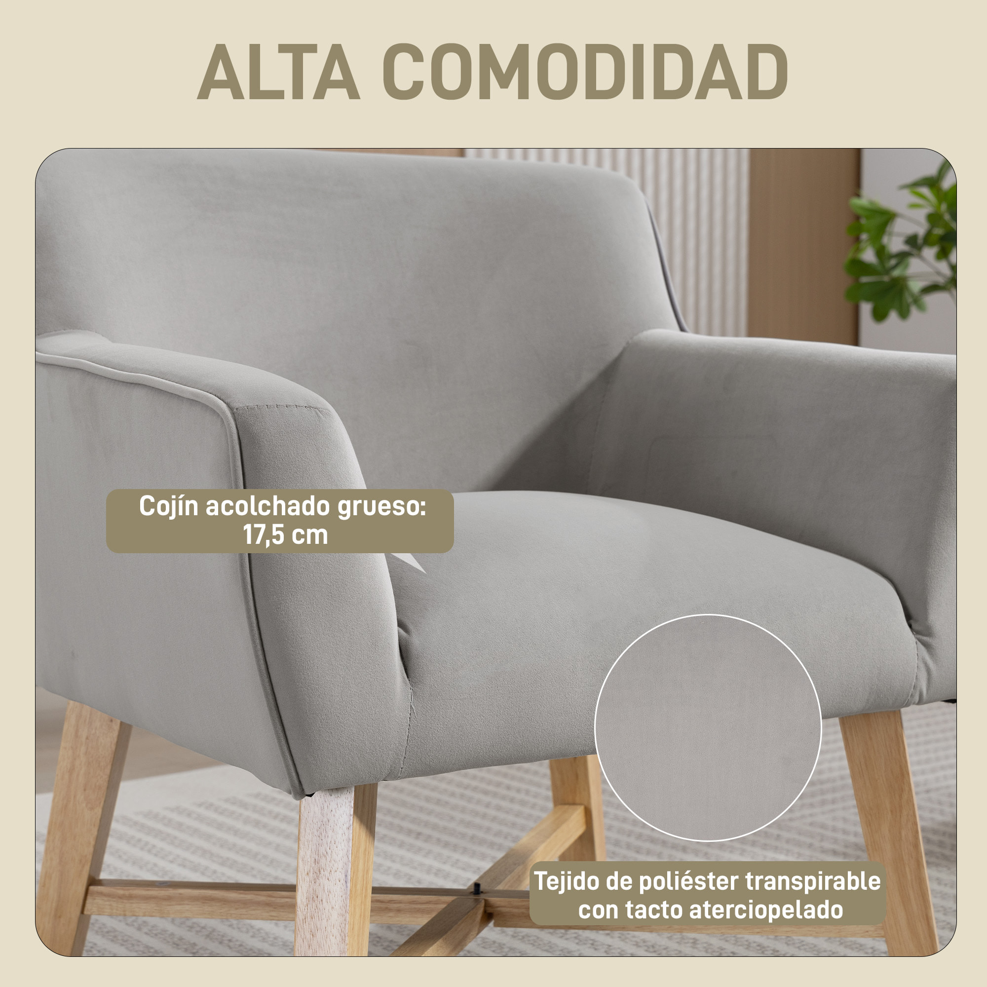Butaca de Salón Tapizada en Terciopelo, Sillón de Salón Moderno Acolchado, Patas de Madera, Reposabrazos, Base Cruzada, Sillón Relax para Dormitorio, Oficina, Estudio, 67x65x74 cm, Gris Claro