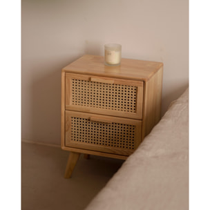 Pack tête de lit rembourrée beige et 2 tables de chevet en bois massif ton naturel en différentes tailles
