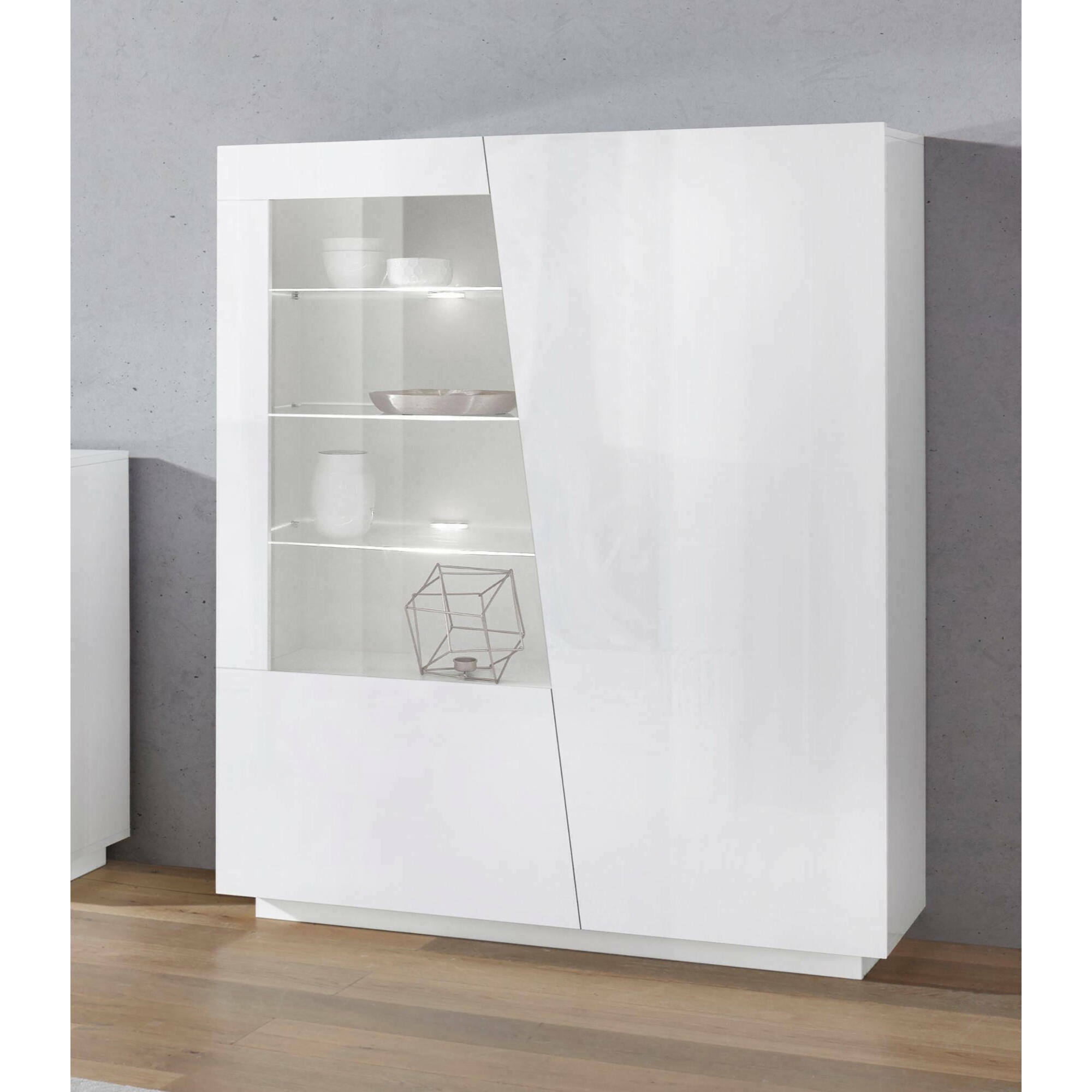 Vetrina moderna con anta a vetro, Made in Italy, con luce LED bianca, Credenza con ripiani, Vetrinetta da soggiorno, cm 120x43h146, colore Bianco lucido