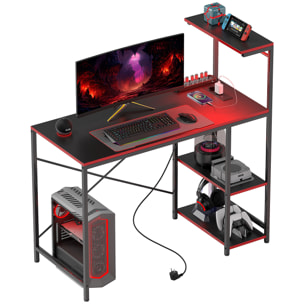 Mesa Gaming con Luces LED 110x50 cm Escritorio Gaming de Fibra de Carbono Mesa Gamer con Tomas de Corriente Estantes y Control Remoto para Oficina Estudio Negro