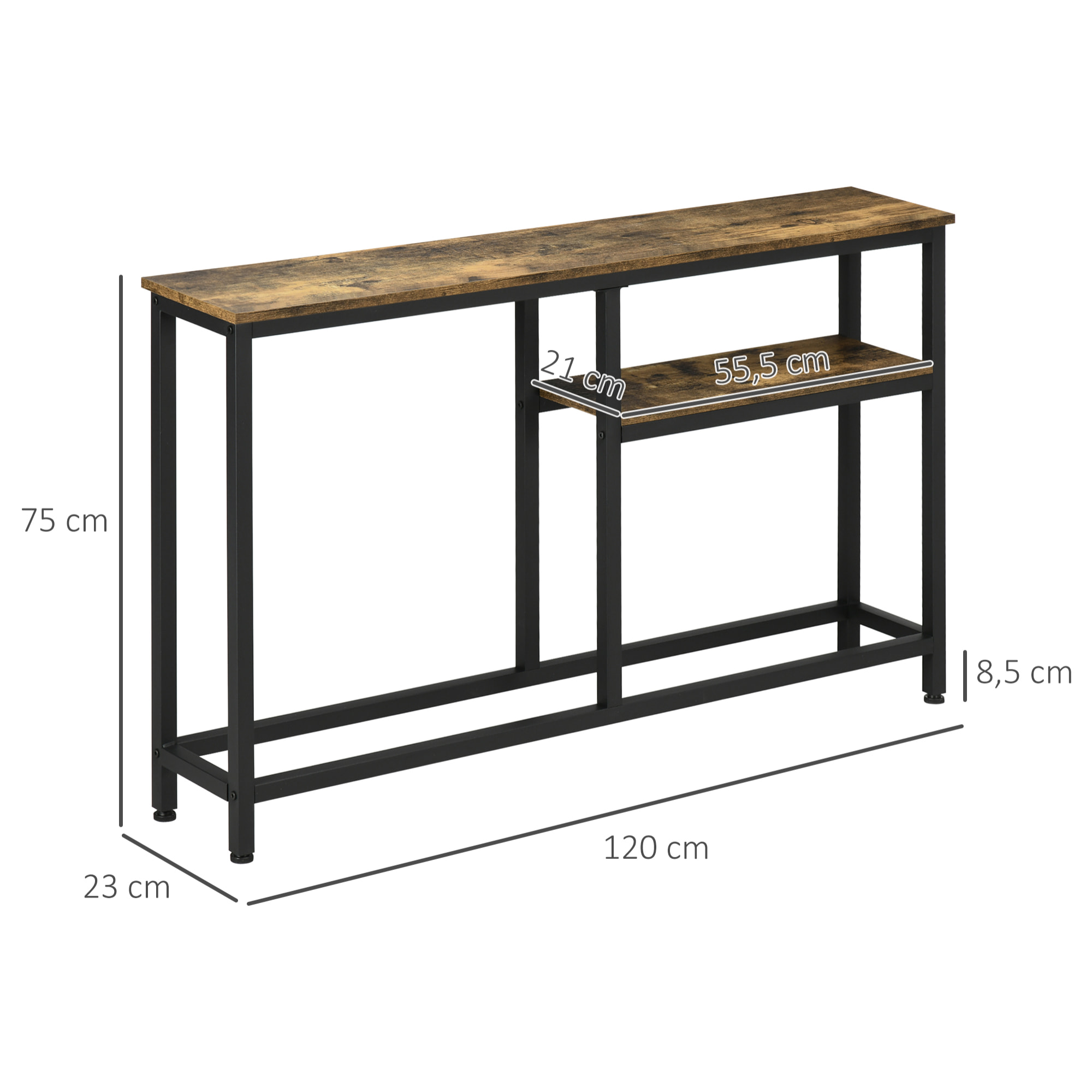 Console design industriel 2 étagères acier noir panneaux aspect bois vieilli