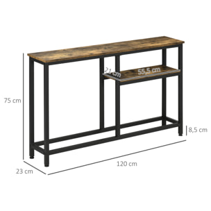 Console design industriel 2 étagères acier noir panneaux aspect bois vieilli