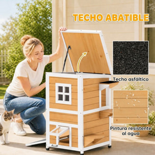 PawHut Caseta para Gatos de Madera Exterior, Casa para Gatos de 2 Niveles con Techo Abatible, Panel Central Extraíble, Ventanas, Puertas, para Terraza, Balcón, Jardín, 51x51x81,3 cm, Natural