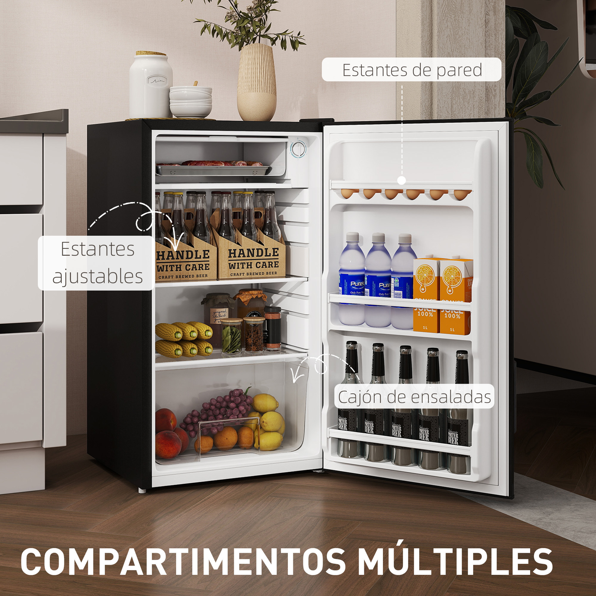 Nevera Pequeña 91 L con Congelador, Mini Frigorífico Silenciosa, Frigorífico Pequeño Bajo Encimera con Temperatura Regulable 5 Niveles, Puerta Reversible y Estantes Ajustables, Negro