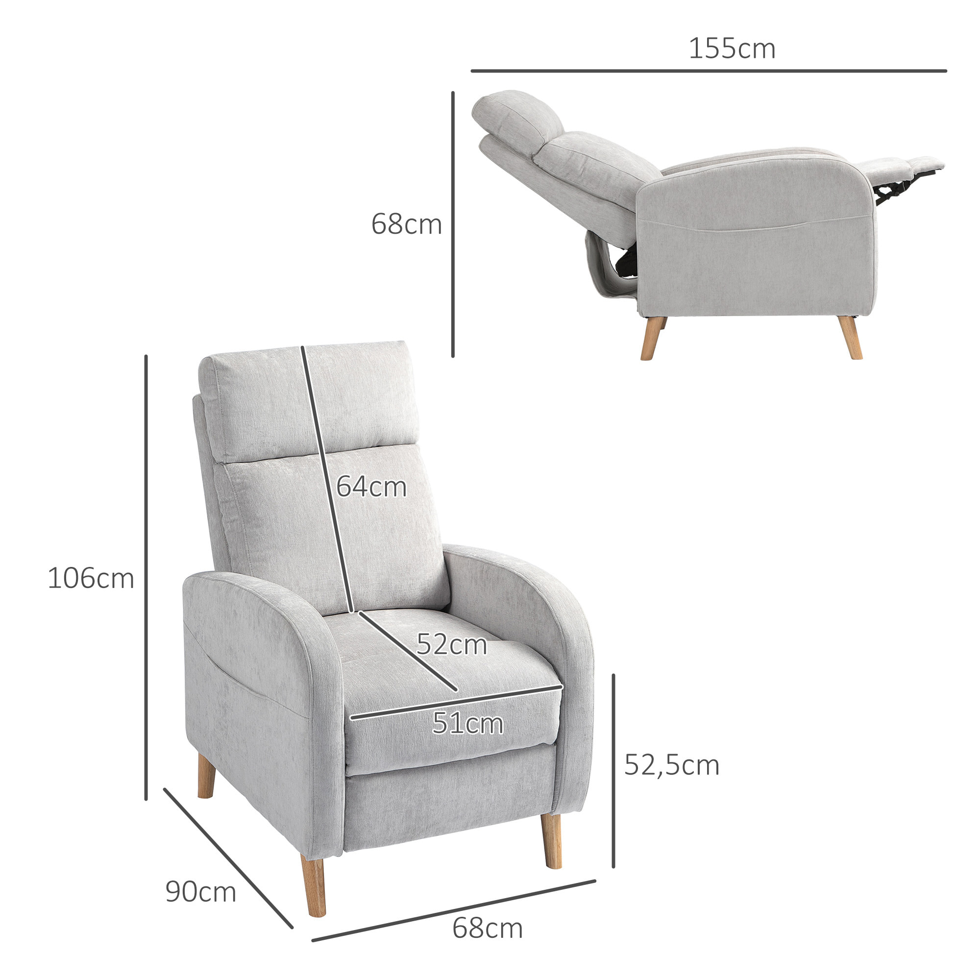 Sillón Relax Reclinable Manual Sillón Relax Tapizado en Lino Sintético con Reposapiés y Bolsillo Lateral Carga 120 kg Sillón Reclinable para Dormitorio Oficina Gris Claro