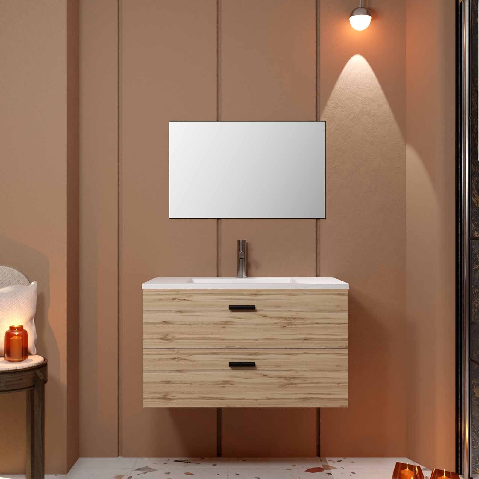 Meuble salle de bain 80cm suspendu 2 tiroirs Décor Bois avec vasque et miroir - BOX-IN