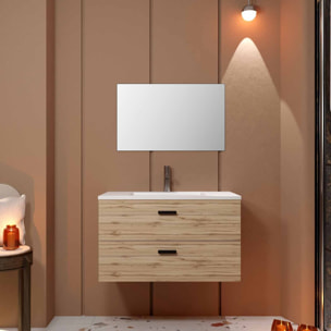 Meuble salle de bain 80cm suspendu 2 tiroirs Décor Bois avec vasque et miroir - BOX-IN
