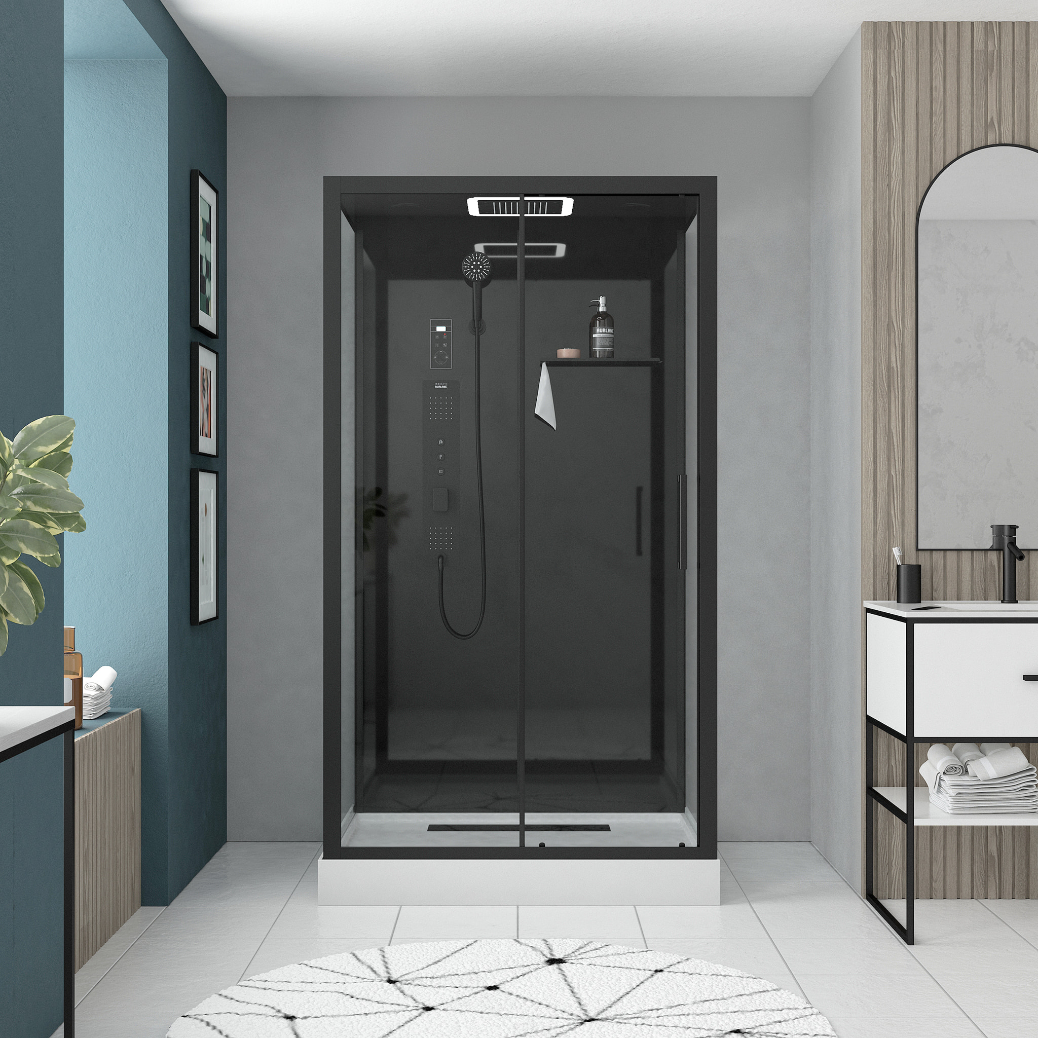 Cabine de douche Hydromassante 115x90x218 cm - Porte coulissante - Fonds & Profilés Noir Mat