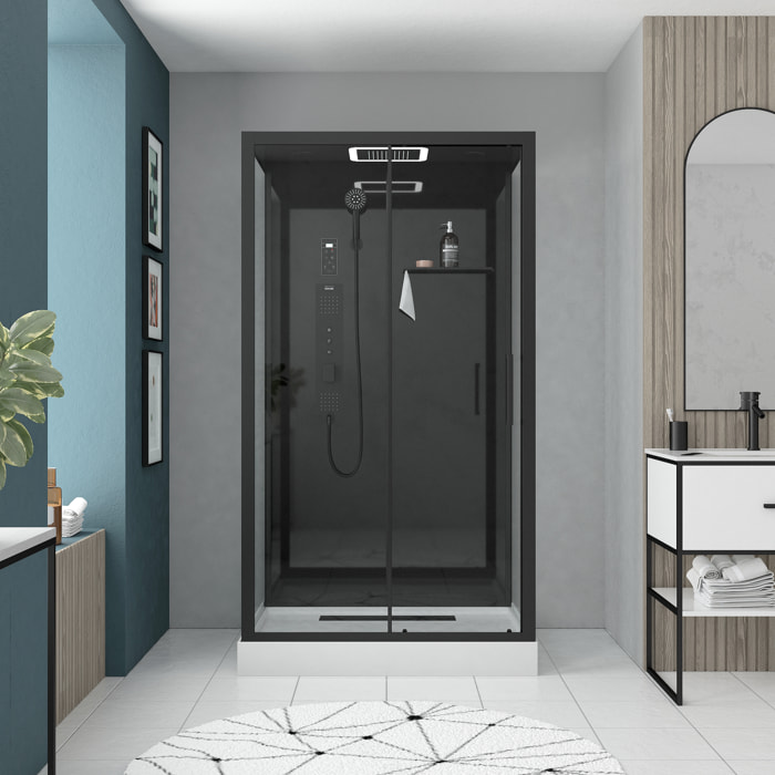Cabine de douche Hydromassante 115x90x218 cm - Porte coulissante - Fonds & Profilés Noir Mat