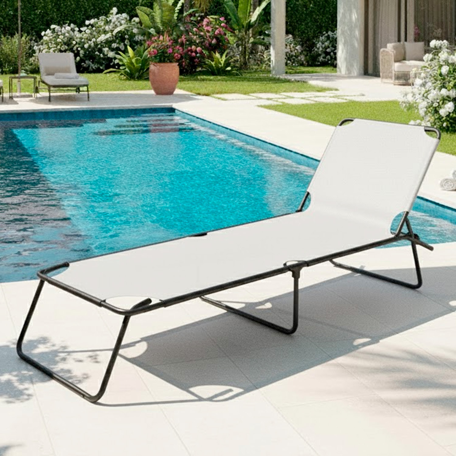 Lettino Pieghevole Prendisole Senza Tettuccio Parasole Schienale Reclinabile Regolabile Struttura In Metallo Nero Sedia Sdraio 187 x 53 x 24 Cm (Gray)