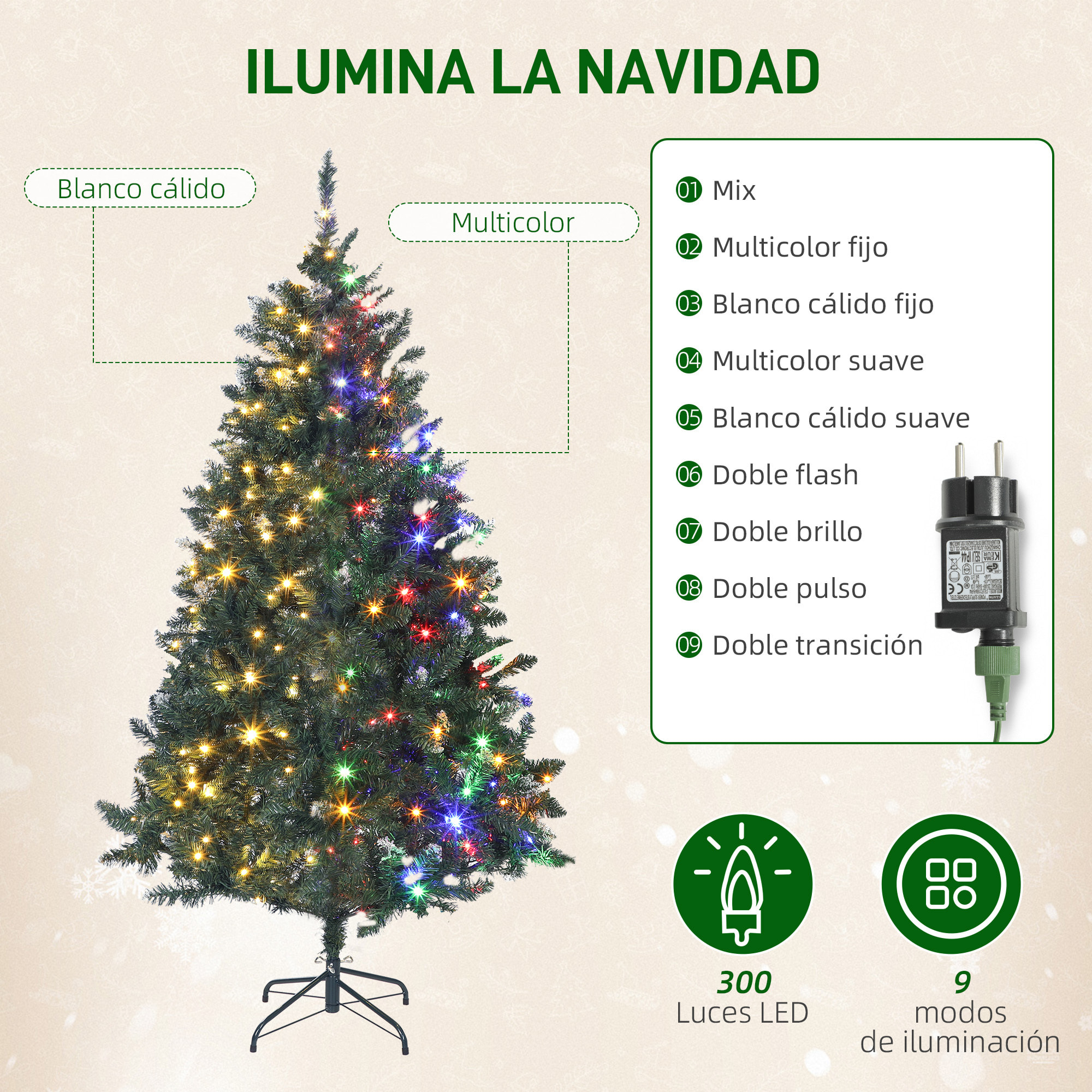 Árbol de Navidad 180 cm, Árbol Navideño de Abeto con Luces LED, 9 Modos de Iluminación, 802 Ramas con Nieve Artificial, Soporte Metálico, Fácil de Montar, Verde